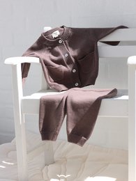 Brown teddy bear sweater set for babies, available in sizes 62, 68, 74, and 80.