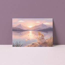  Whimsical postcard with a child climbing a ladder to reach the moon, surrounded by stars and clouds. Suitable for sending to loved ones.