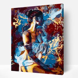  Colorful abstract art canvas with blue, gold, red tones, feminine figure, modern decorative wall art piece.
