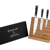 KATAHIRO ZEN 3-piece damask chef's knife set - chef's knife, santoku knife, paring knife with bamboo magnetic knife holder