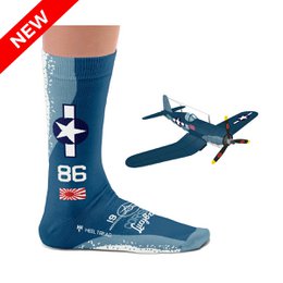  Navy blue socks with F4U Corsair fighter plane, white star, and vintage aircraft design details.