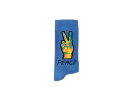 Blue socks with a colorful peace sign graphic, representing a casual, trendy style.
