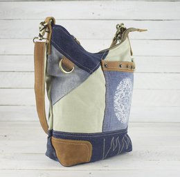 Sunsa Damen Nachhaltige Umhängetasche. Schultertasche aus recycelte Jeans & Canvas ( Segeltuch). Handtasche Vintage retro Stil. Crossbody Tasche für Frauen mit Mandala Aufdruck