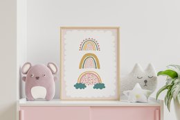 Colorful rainbow poster with abstract shapes and patterns, suitable for a kids' room decor.