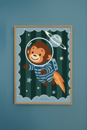 Colorful poster featuring a smiling monkey astronaut in a spacesuit, surrounded by stars and planets. The poster is suitable for a child's room decor.