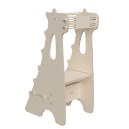 The Montessori Dragon Observation Tower is a wooden baby highchair with a unique dragon-inspired design. It features an open, minimalist structure that allows for easy observation and interaction with the child during mealtime.