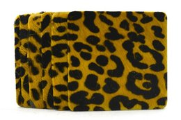 Square coaster made of leather with a vibrant yellow and black leopard print pattern.
