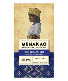 Dark chocolate bar with cocoa nibs and sea salt, 63% cacao content.