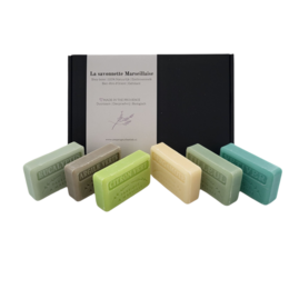 A set of 6 natural soap bars in various scents including vetiver, citron vert, tilleul, eucalyptus, argile vert, and bergamot. The bars are presented in a gift box.