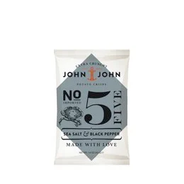 Bag of John & John Chips Crisps Sea Salt & Black Pepper, 40g. Crispy potato chips with sea salt and black pepper seasoning.