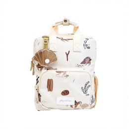 A small backpack with a playful, nature-inspired print featuring animals and plants. The backpack has a rounded shape and appears to be made of a lightweight, durable material. It is suitable for children and can be used for storing and carrying small items.