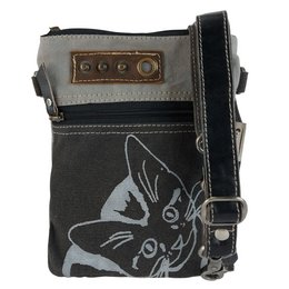 A small black and gray canvas shoulder bag with a vintage-style design featuring a cat motif. The bag has a crossbody strap and measures approximately 17 cm x 24 cm.