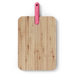 Wooden cutting board with pink handle, suitable for slicing bread.