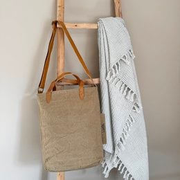 Vintage-inspired beige canvas shoulder bag with leather handles and a simple, minimalist design.