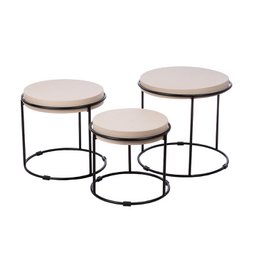  Set of 3 round gray side tables with a height of 48.5 cm, made of metal and wood, suitable for use as end tables or accent pieces in a living room or bedroom.