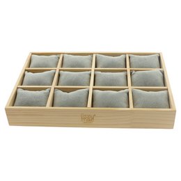  A wooden jewelry display with 12 compartments, suitable for organizing and showcasing a variety of jewelry items.