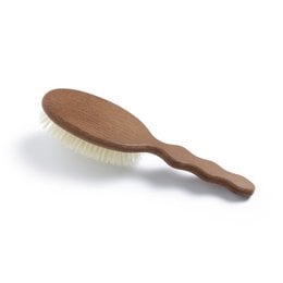 Large, oval-shaped white bristle hair brush with a wooden handle. Suitable for brushing and styling long hair.