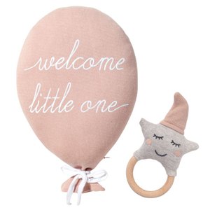 Baby Geschenk-Set Rassel und Dekokissen Ballon Rosa