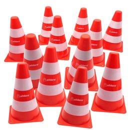 Set of 12 orange and white traffic cones, each measuring 17 x 13 x 13 cm, used for safety and traffic control purposes.