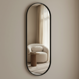 Oval black steel mirror, 40 cm wide and 125 cm tall, suitable for wall mounting.