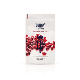 Omega-3 fish oil supplement in a white pouch with red accents, containing 120 capsules. The supplement is designed to provide essential fatty acids for overall health.