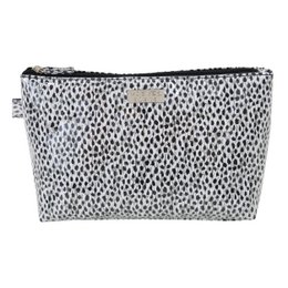  Large toiletry bag with black and white spotted pattern, suitable for carrying cosmetics and other travel essentials.