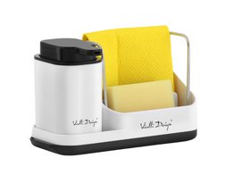 White kitchen organizer with a liquid dispenser and storage compartments for sponges or cleaning supplies.
