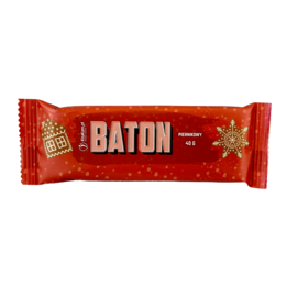 A rectangular-shaped gingerbread-flavored snack bar with a red and gold wrapper.