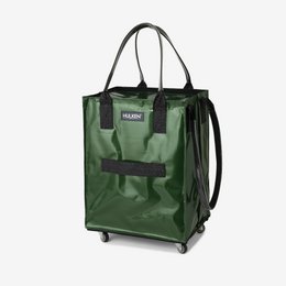  A medium-sized black shopping bag with a built-in cover. The bag has a sturdy design with handles for easy carrying.