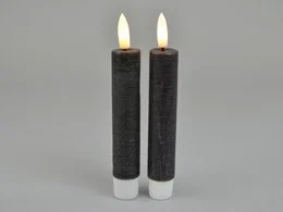 Black LED stick candles, set of 2, 2.2 cm diameter x 15 cm height, with on/off and timer functions, powered by 1 AAA battery.