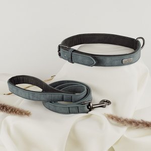 NE & No® kraag en riem set - Vegan leer - voor kleine en grote honden blauw grijs + anthracietgrijs