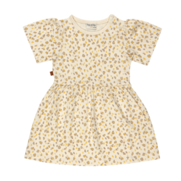  Pearled ivory kids dress with small floral print, short sleeves, A-line shape, cotton material, girls casual wear.