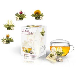 A gift set containing a glass teapot and 4 blooming tea flowers in various colors, including red, yellow, and white. The tea flowers unfurl and bloom when steeped in hot water, creating a visually stunning and flavorful tea experience.