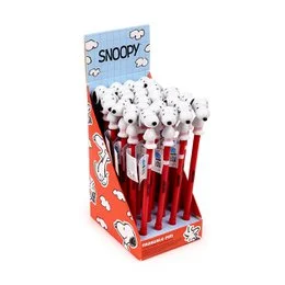 Snoopy character erasable pen with white fluffy topper, red barrel, Peanuts themed writing instrument.