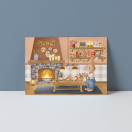  Whimsical postcard with a child climbing a ladder to reach the moon, surrounded by stars and clouds. Suitable for sending to loved ones.