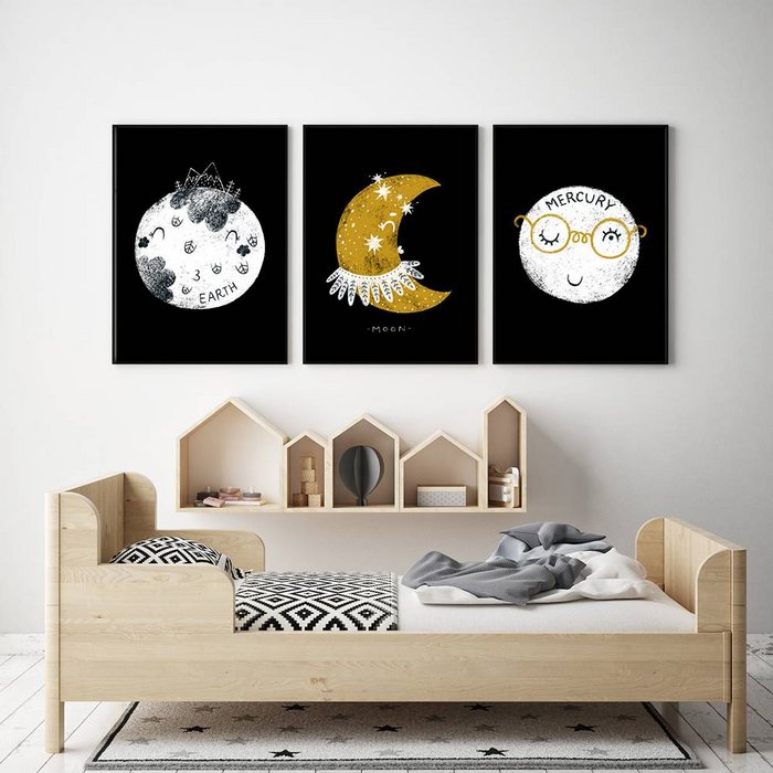 Kinderkamer poster Mercurius - Planeten serie - Zwart wit geel