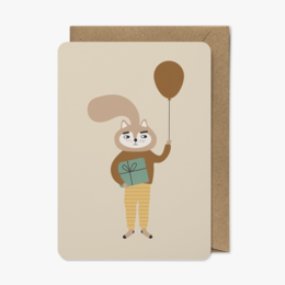 Eco-conscious greeting card with a cute bunny character holding a gift and a balloon.