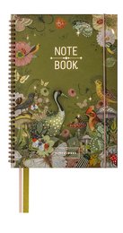 A spiral-bound notebook with a nature-inspired cover featuring a variety of colorful flowers and insects against a green background. The notebook is labeled "NOTE BOOK" in a bold font.