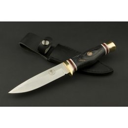 A hunting knife with a 440C stainless steel blade, ebony wood handle, and brass accents. The knife has a sleek, traditional design suitable for outdoor activities.