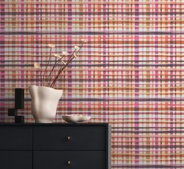  Vintage-inspired non-woven wallpaper with a beige, orange, and purple plaid pattern. Suitable for living rooms, bedrooms, or other interior spaces.