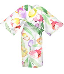  A colorful, floral-patterned kimono with a loose, flowing silhouette. The kimono features a mix of vibrant colors including turquoise, rose, green, and yellow, with a tulip-inspired print. Suitable for casual or formal wear.