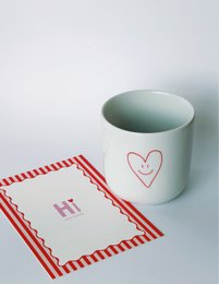  White ceramic mug with red heart design, matching friendship card set, gift bundle