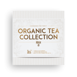 Organic tea collection featuring a variety of tea flavors in a white box packaging.