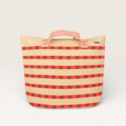  Oval top handle bag, neon pink red striped pattern, woven straw material, medium size tote.