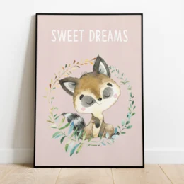 Adorable nursery poster featuring a cute raccoon surrounded by a floral wreath. The poster has a soft, pastel color palette and the text "Sweet Dreams" adds a whimsical touch. This would make a lovely addition to a child's bedroom or nursery.