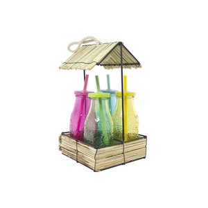 4 Drinking bottles in colored glass holder