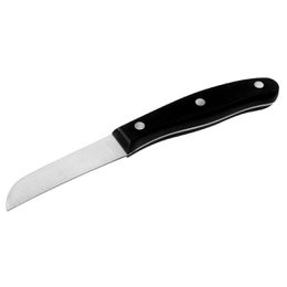 A stainless steel paring knife with a black handle, suitable for vegetable preparation tasks.