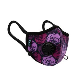 A purple face mask with a floral pattern and a black valve. The mask is designed for protection against viruses and bacteria, and is CE certified.