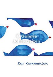  "Communion invitation card with blue fish and hearts, white background, folding card design"