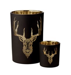 EDZARD lámpara de huracán portavelas de té bosque de vidrio para velas, motivo de venado, negro mate / dorado, altura 18 cm